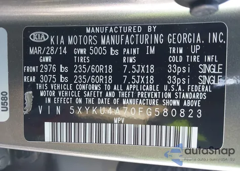 2015 Kia Sorento Ex V6 from USA, damaged, VIN 5XYKU4A70FG580823